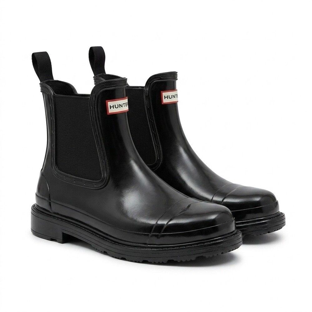 Hunter Commando Chelsea Boots Women's 8 Black Glossy Waterproof Chunky Lug Sole